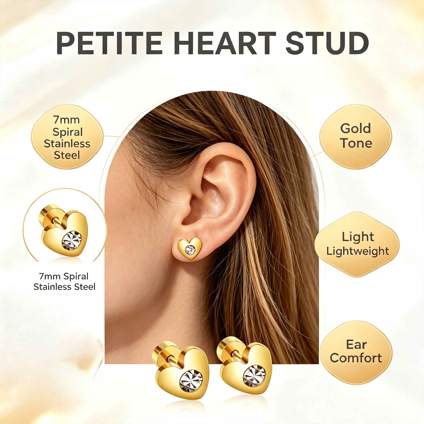 316 Stainless Steel Heart Rhinestone Screw Earrings,7mm Tiny Anti-allergy Studs Fashion Ear Piercing Jewelry