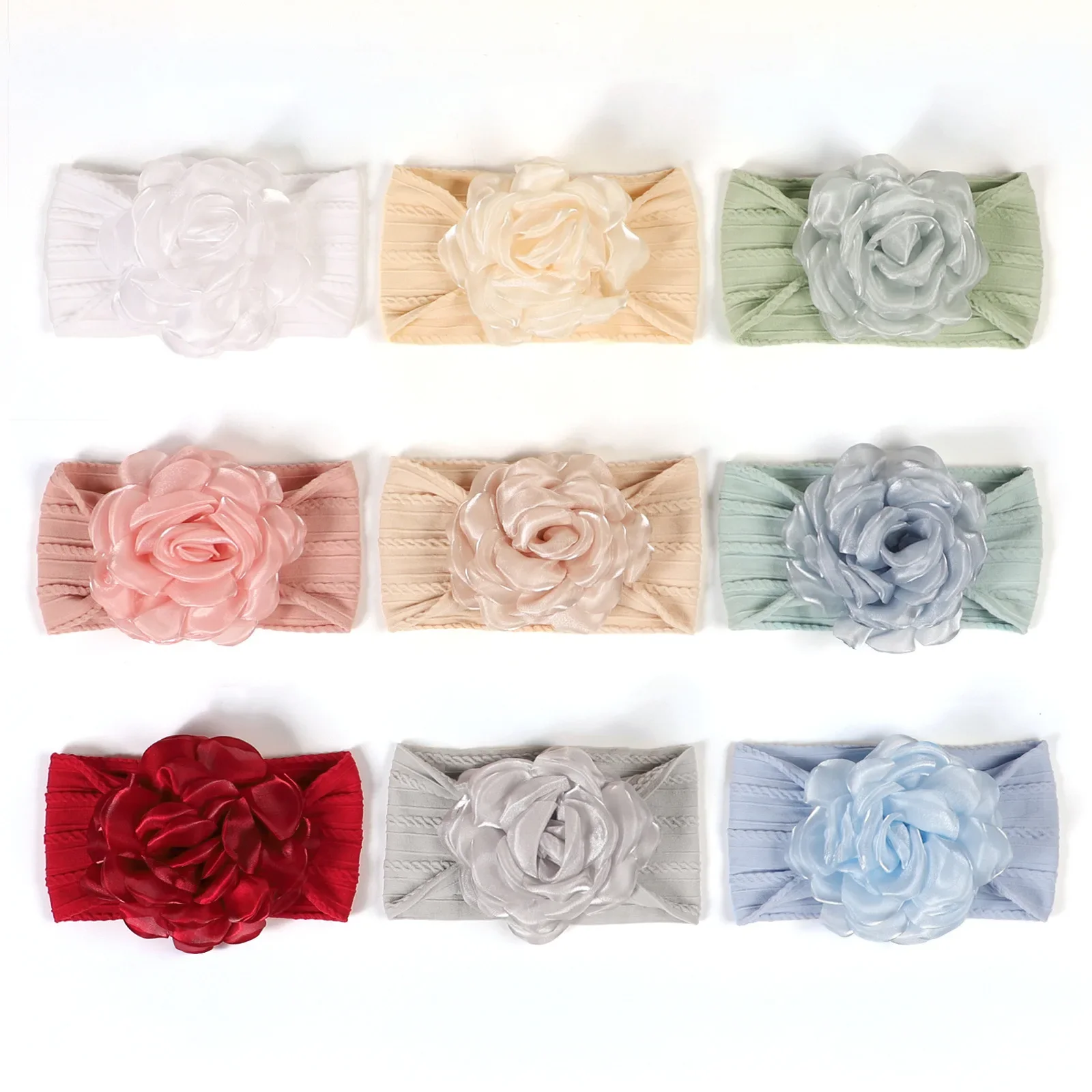 Newborn Headband with Satin Flower Baby Girl Turban Hairband Children Cable Print Nylon baby Headbands Knot Kid Hair Accessories