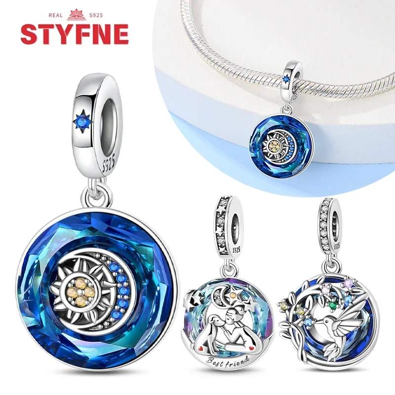 Original 925 Sterling Silver Astrolabe Sun&moon Star Blue Series Charms Fit Bracelet DIY Charm for Women Jewelry Fine Gift