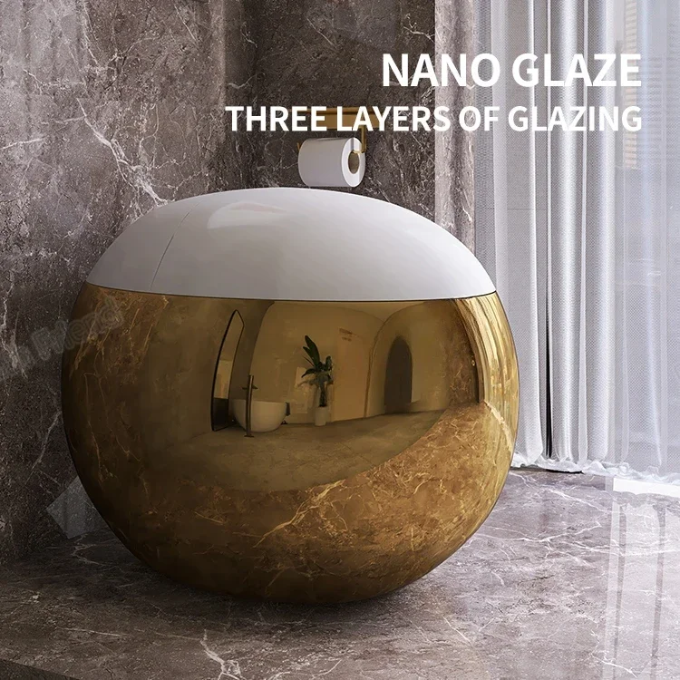 

Wholesale Price Fully Golden Electroplating Egg Shape WC White Seat Cover Gold Button One Piece Golden Toilet HOT SALES