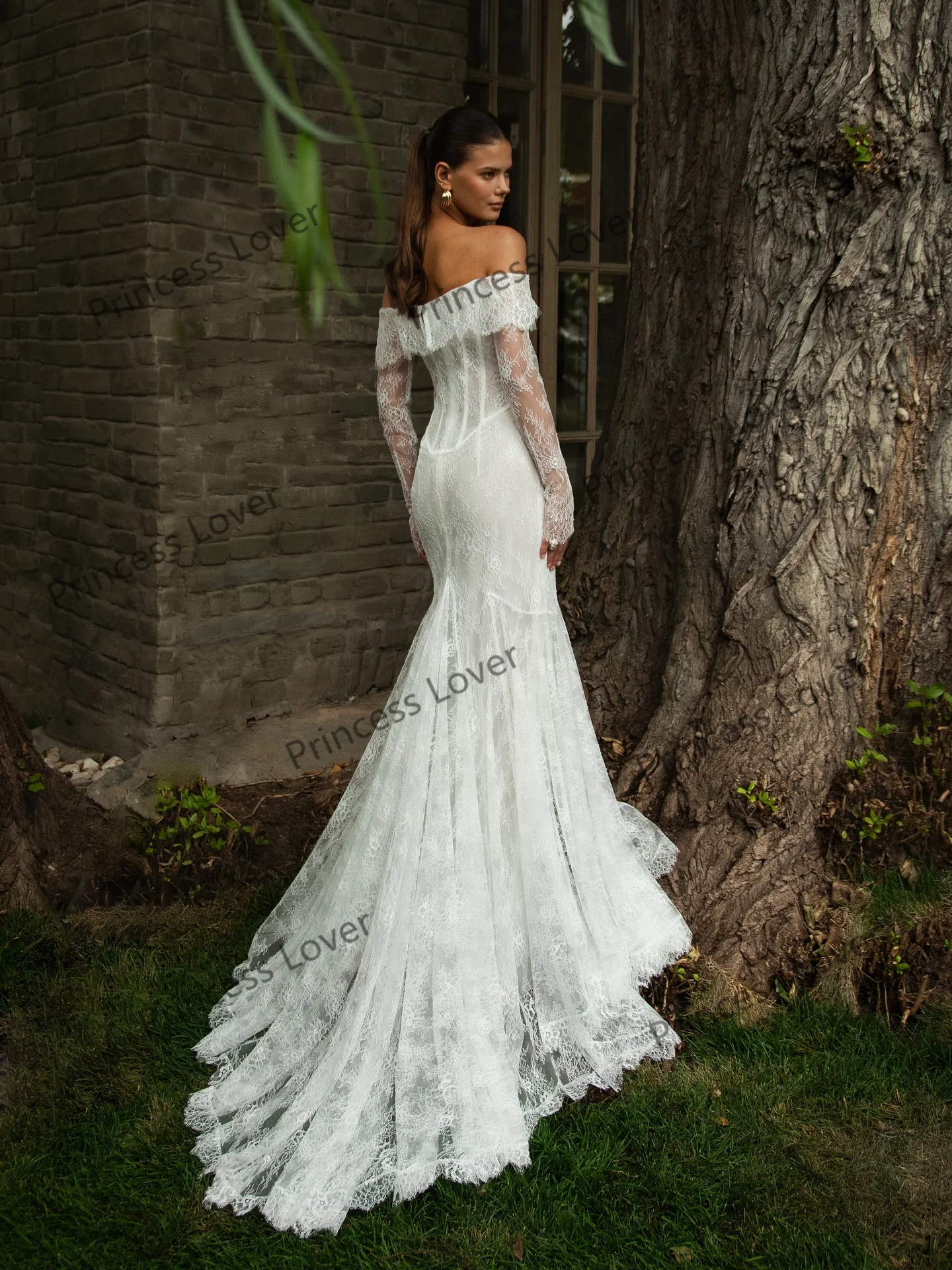 Zeemeermin trouwjurken off-shoulder kanten korset vestido de novia lange mouwen op maat gemaakte robe de soirée