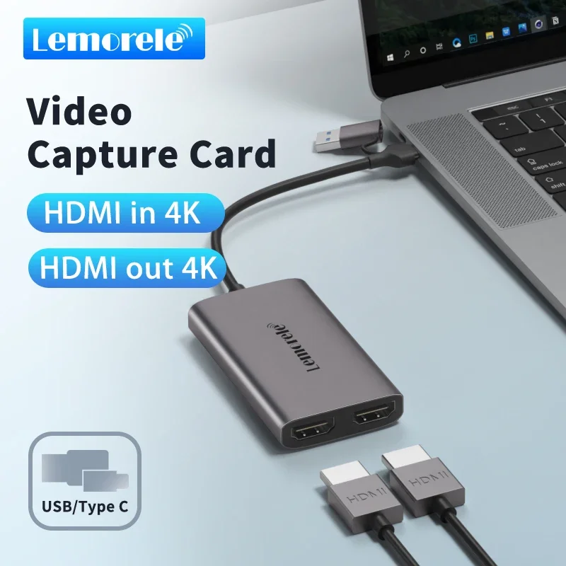 Lemorele AC02 Video Capture Card 4K HDMI-Compatible to USB A/C Recording Card with 4K Loop Out for Switch Xbox PS4/5 Live Stream