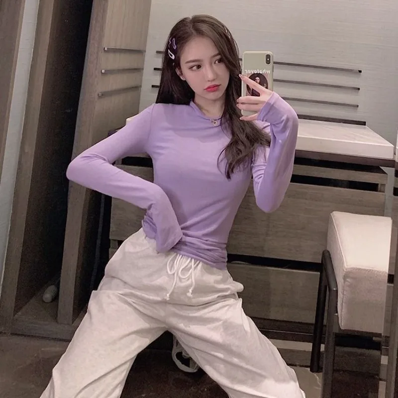 Plain Woman T-shirt 2024 Tee Clothing Slim Cotton Skinny Purple Top for Women Tshirt Korea Stylish Spring and Autumn Trend Goth