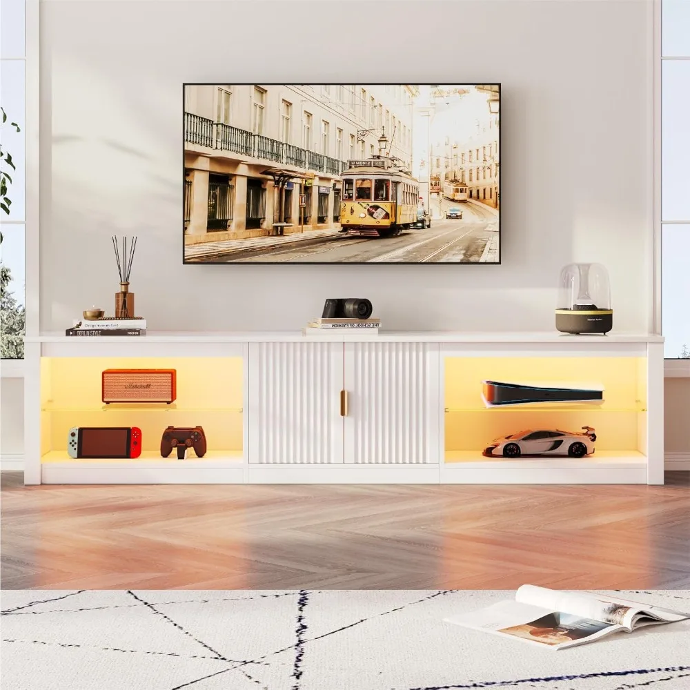 

80 Inch TV Stand, for 75/85/86 inch TVs, Modern LED Entertainment Center with Fluted Storage Cabinet & Adjustable Shelves