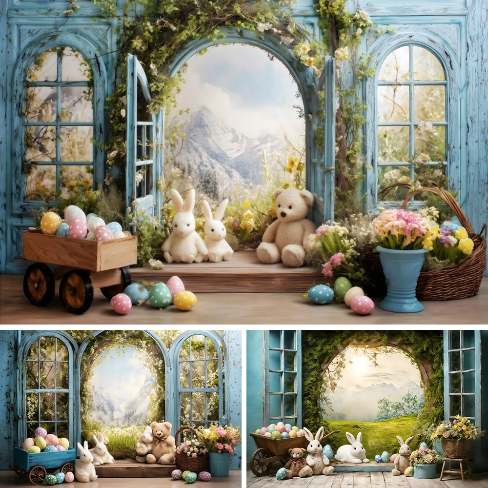 

Easter Blue Arch Window Background Spring Meadow Bunny Eggs Floral Kids Family Portraits Decorative Backdrop Photo Booth Props