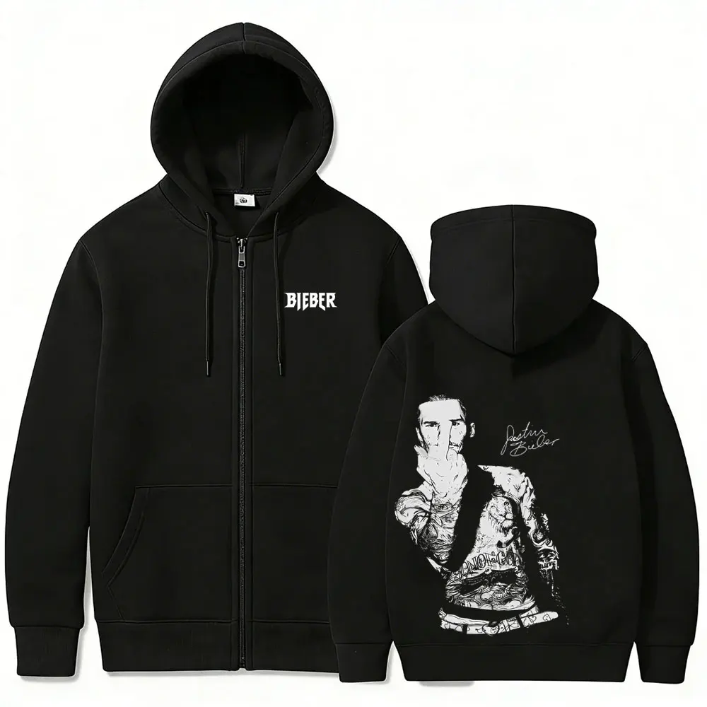 Justin Bieber Middle Finger Zipper Hoodie New Coachella 2026 Merch Zip Up Jacket Men's Hip Hop Fashion Trend Zip Up Sweatshirt