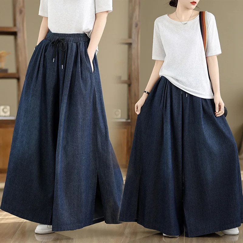 

Denim Pant Women Jeans Wide Leg Long Pants A Line High Waist Straight Trousers Y2k Streetwear Elegant Splice Work 2025