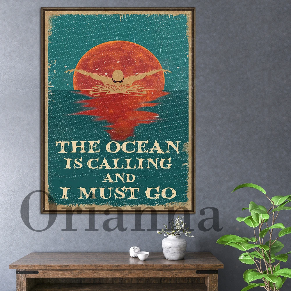 Hd Print Canvas Painting Swimming Swimmer Gifts The Ocean Is Calling And I Must Go Wall Art Print Home Decor Vintage Poster