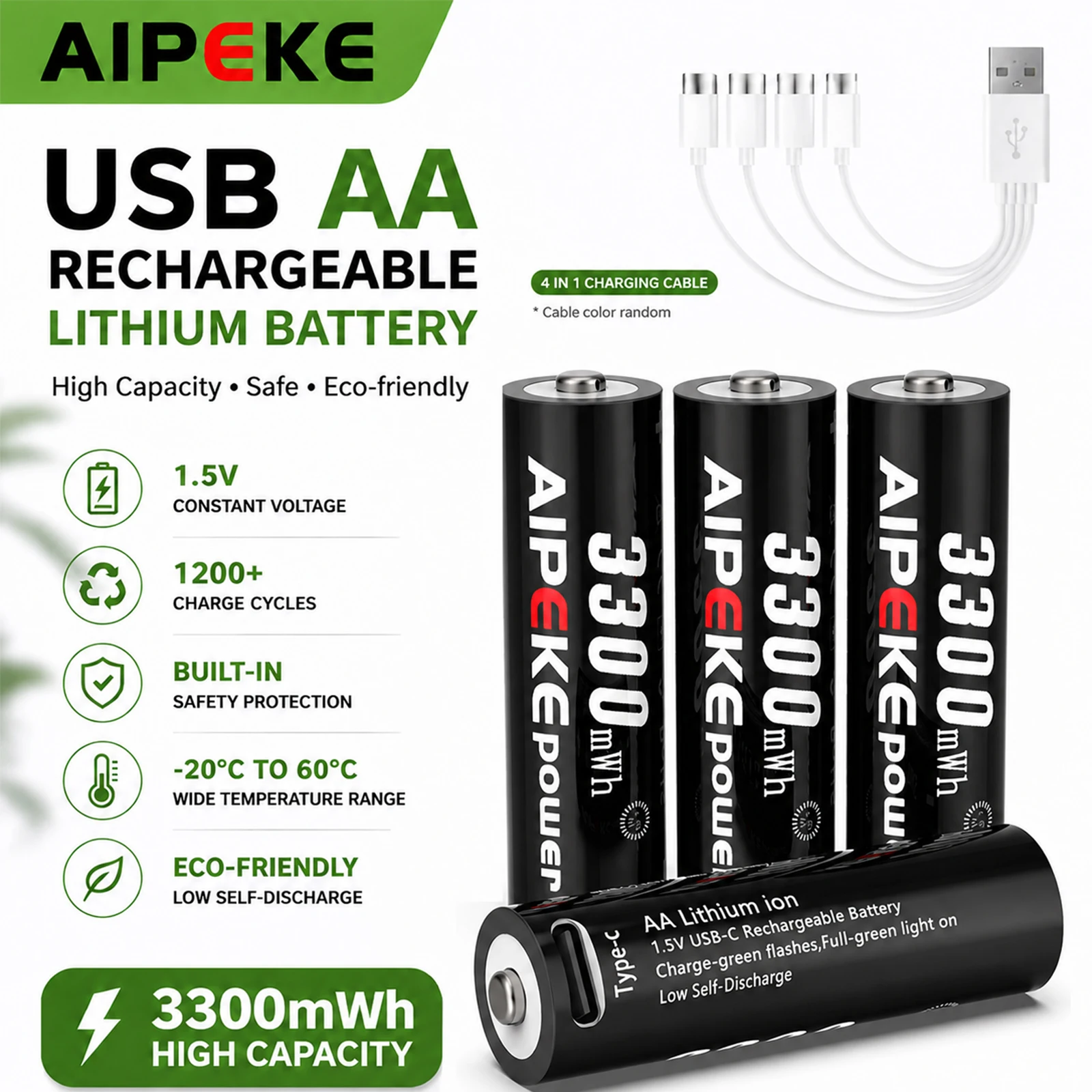 AIPEKE - Baterías recargables ecológicas de 1,5 V Aa, 3300 mWh, tipo C, carga rápida USB, batería recargable de voltaje constante de 1,5 V, paquete de 4 pilas recargables de litio para ratón
