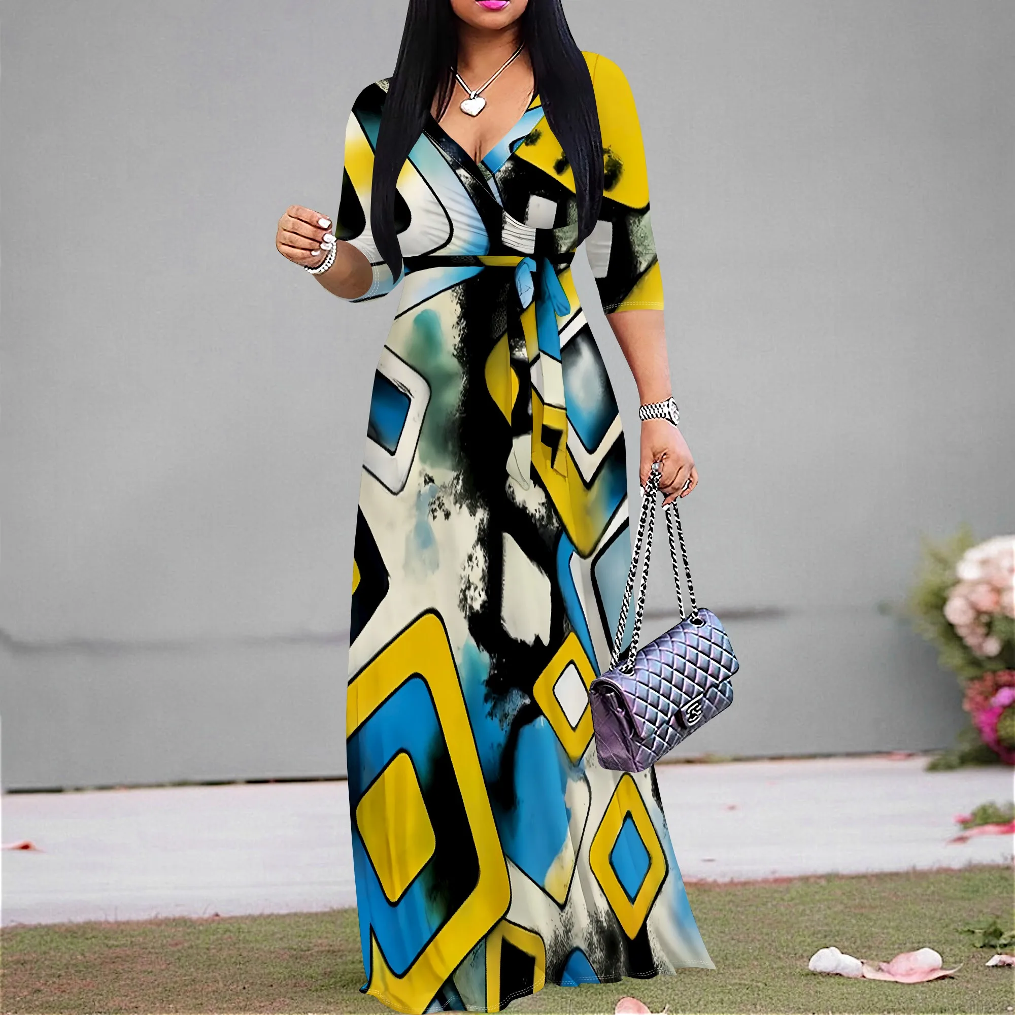 

Colorblock Abstract Plus Size Maxi Dress XL‑6XL V‑Neck Wrap Style with Tie Waist for Resort Look, Night Out or Music Festival