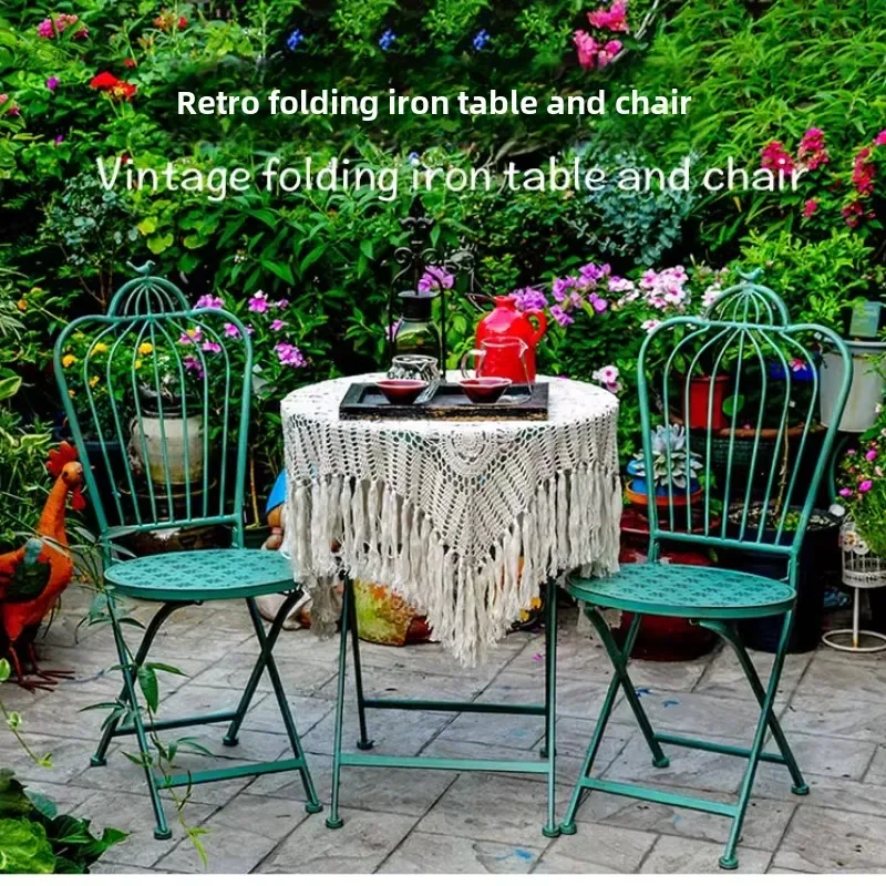 Outdoor Courtyard Garden Chairs Iron Hollow Out Folding Tables and Chairs Do Old Crafts Terrace Table Sunroom Leisure Furniture