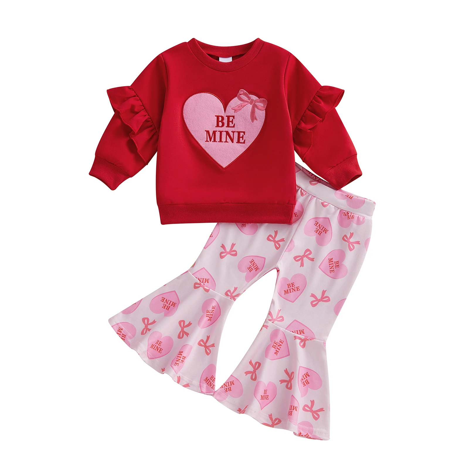 

Valentine s Day Toddler Girls 2 Piece Outfits Heart Print Long Sleeve Crew Neck Tops and Elastic Waist Flared Pants Set with
