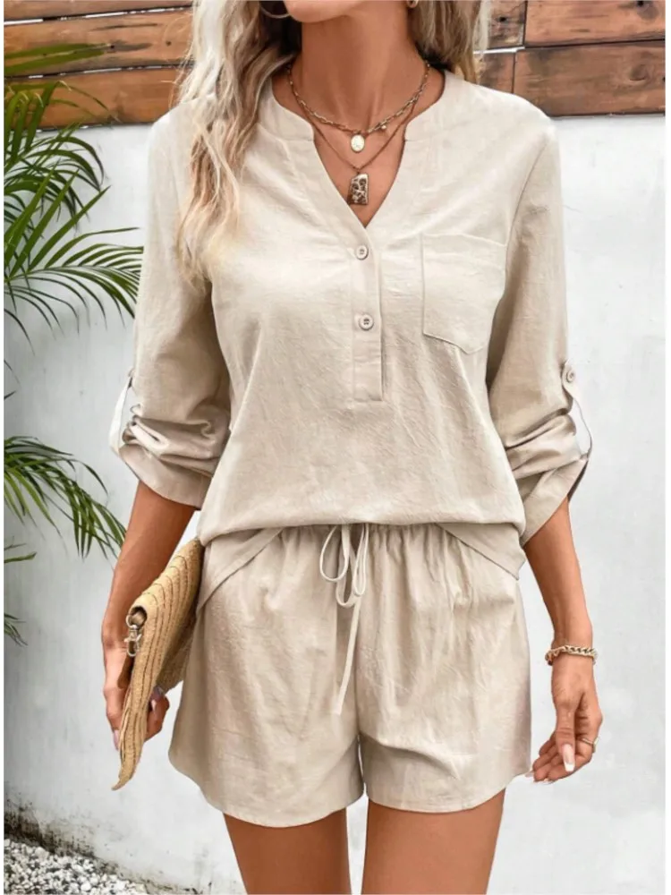 

Модный однотонный комплект, женский повседневный пуловер с v-образным вырезом и длинными рукавами на пуговицах, топы + шорты, комплекты из двух предметов для женщин, летняя женская одежда, новинка