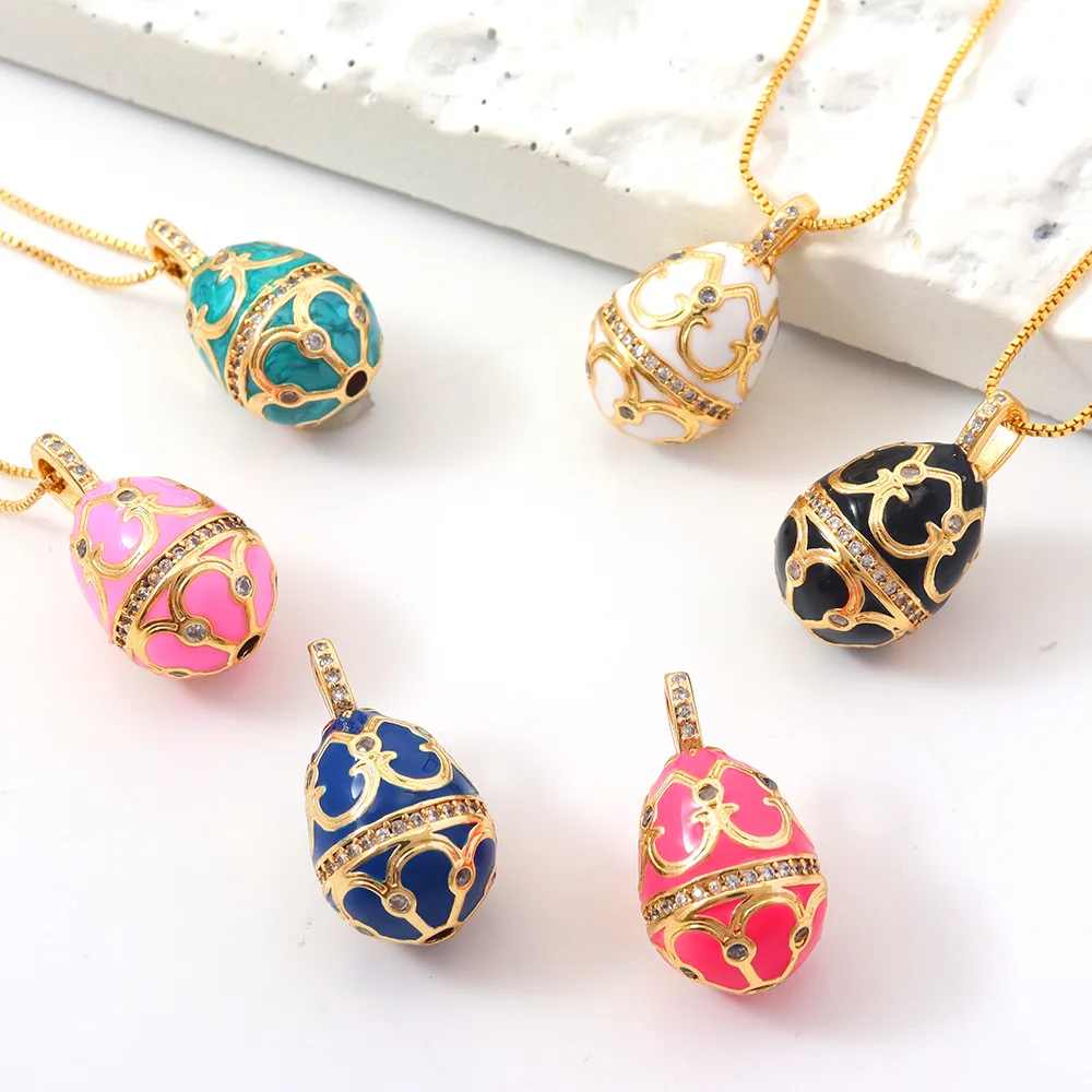 

Fashion Exquisite Dripping Oil Zircon Waterdrop Easter Egg Pendant Enamel Drum Vase Design Clavicle Necklace Elegant Women Gift