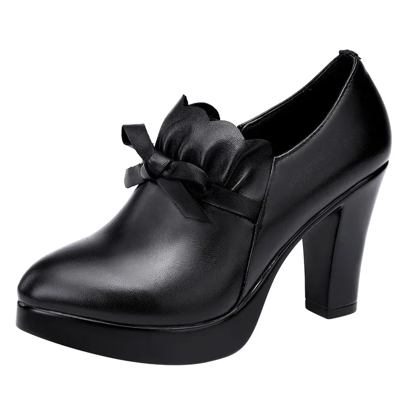 9cm 11cm Small Size 32-43 Elegant Black Bow Block High Heels Shoes for Office Model 2024 Thick Bottom Deep Mouth Platform Pumps