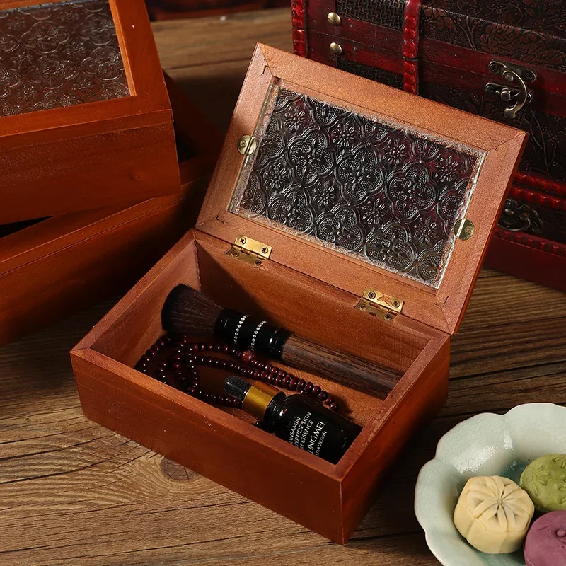 Caja de almacenamiento de madera de vidrio de Begonia clásica, caja de embalaje de recuerdo de joyería, caja de almacenamiento de escritorio abatible a prueba de polvo