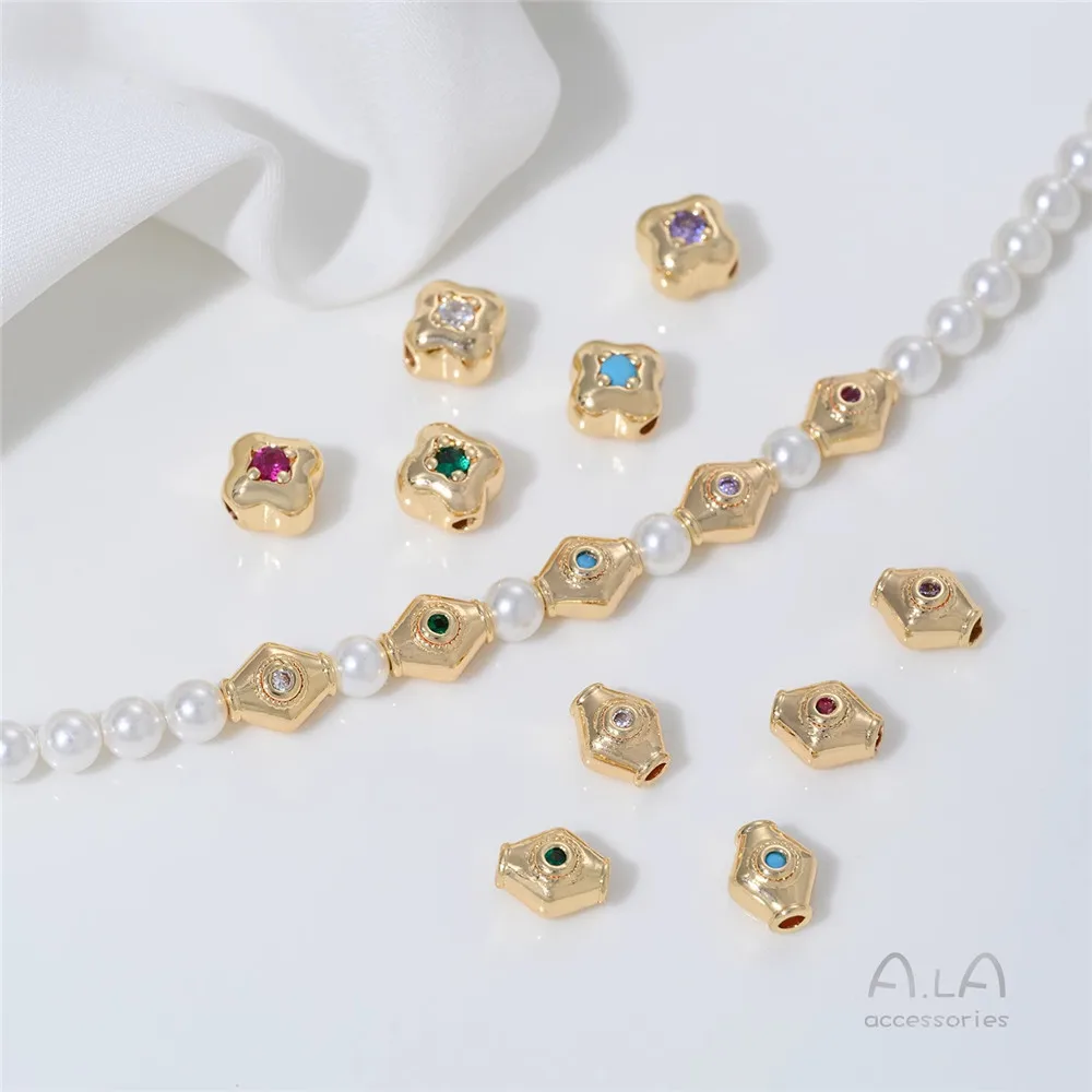 

Z455 14K Gold-plated Inlaid with Colored Zircon Diamond-shaped Spacer Beads Through-hole Beaded Diy Bracelet Necklace Accessorie