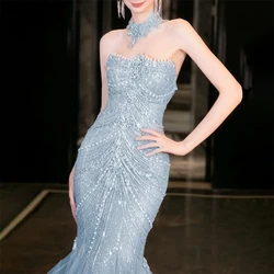 Blue Strapless Formal Women Evening Dresses Lace Sequin Mermaid Beaded Birthday Party Prom Gowns Customized robe de soirée