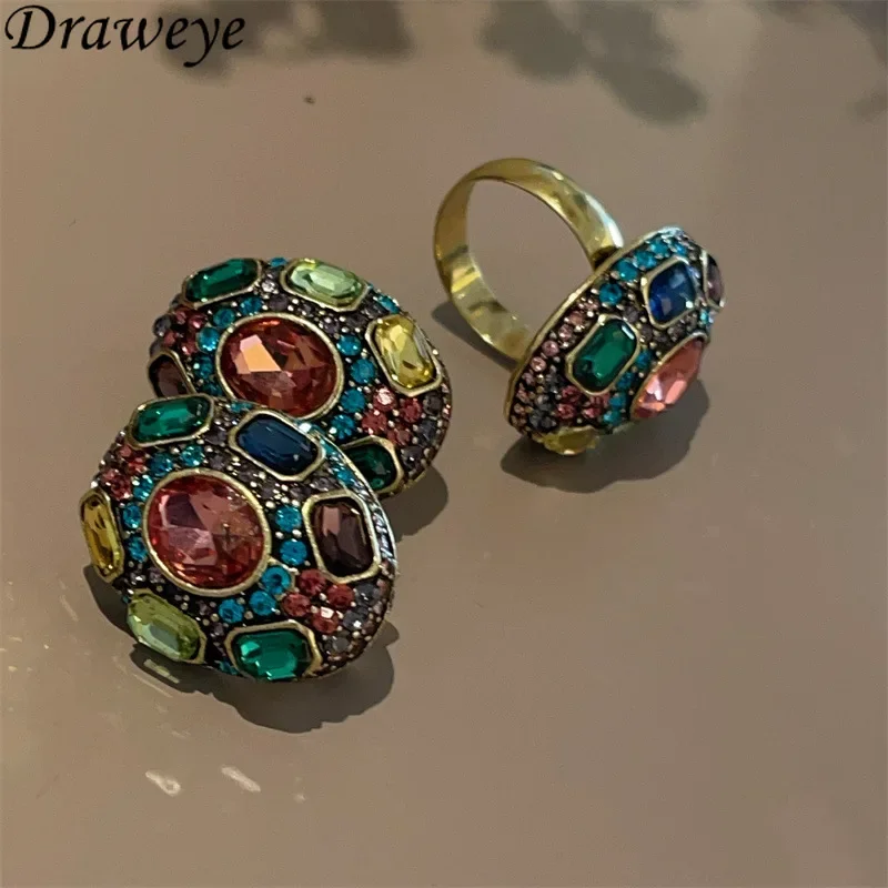 Draweye Colorful Zircon Stud Earrings for Women Medieval Palace Style Vintage Elegant Jewelry Geometric Pendientes Mujer