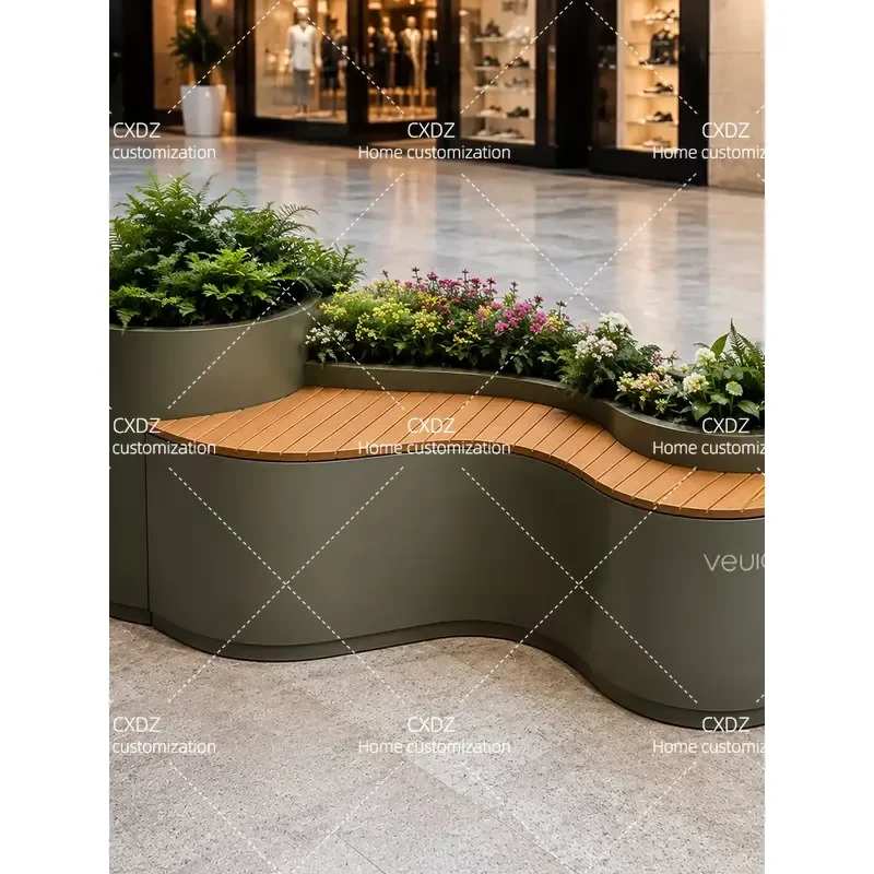 Wavy Flower Box Seat Outdoor High Low Staggered Curved Leisure Bench Green Plant Landscaping Public Seating Customizable