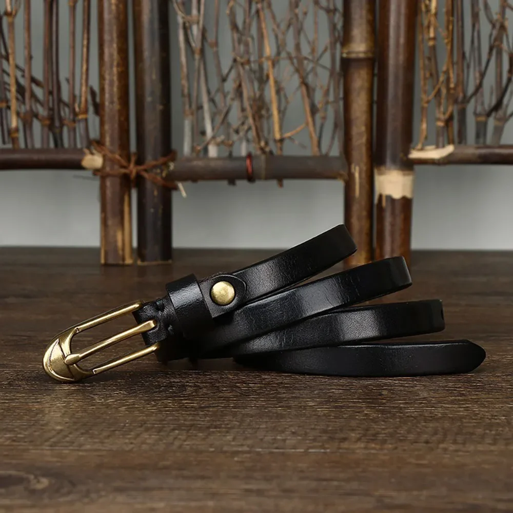 Fashionable 1.5cm Width Narrow Cowhide  Leather Women's Belt with Decorations and Chic Brass Copper Buckle for Skirt Jacket