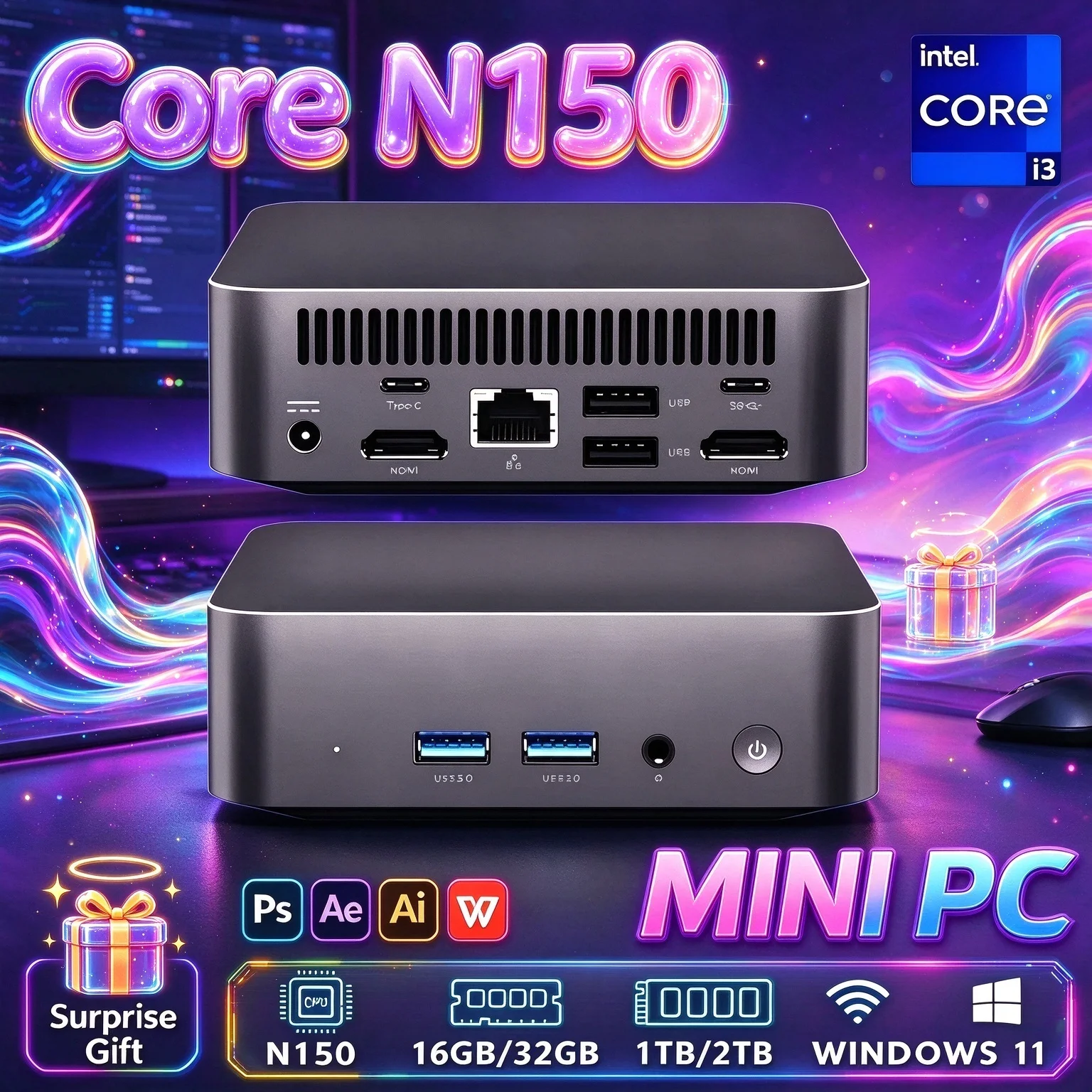 미니 휴대용 PC, 인텔 코어 N150 프로세서, 윈도우 11 프로, 16GB RAM, 1/2TB SSD, Wi-Fi 6, 블루투스 5.2, 4K 60Hz, 고화질 게이밍 및 사무용/학습용 PC