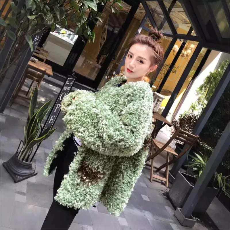 Green curly wool mixed fur round-neck coat loose and casual irregular printed top for women