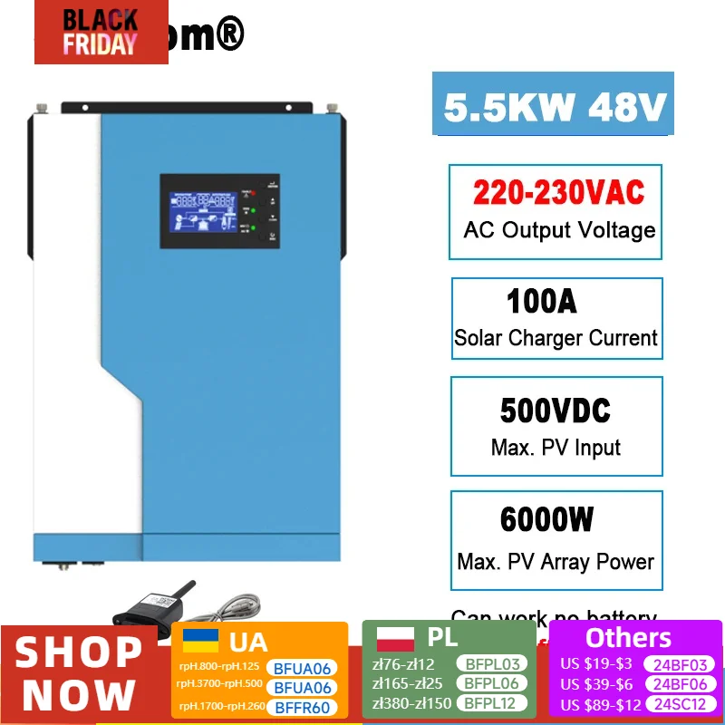 Jesudom 5500W Hybrid Solar Inverter with MPPT Charge Controller 100A 48VDC to 230VAC Pure Sine Wave Single Phase Output