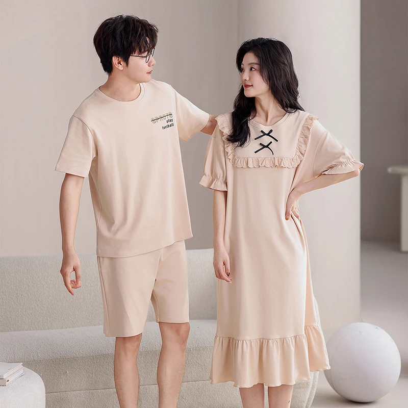 

Newest Couple Pajama Set Summer 100% Cotton Pyjamas Men Pijamas Women Nightgown