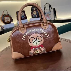 CREAM BEAR Cute Cartoon Doll Small Handbag Boston Pillow Bag Versatile Fashion Single Bag Crossbody Bag for Women New Trend 2024