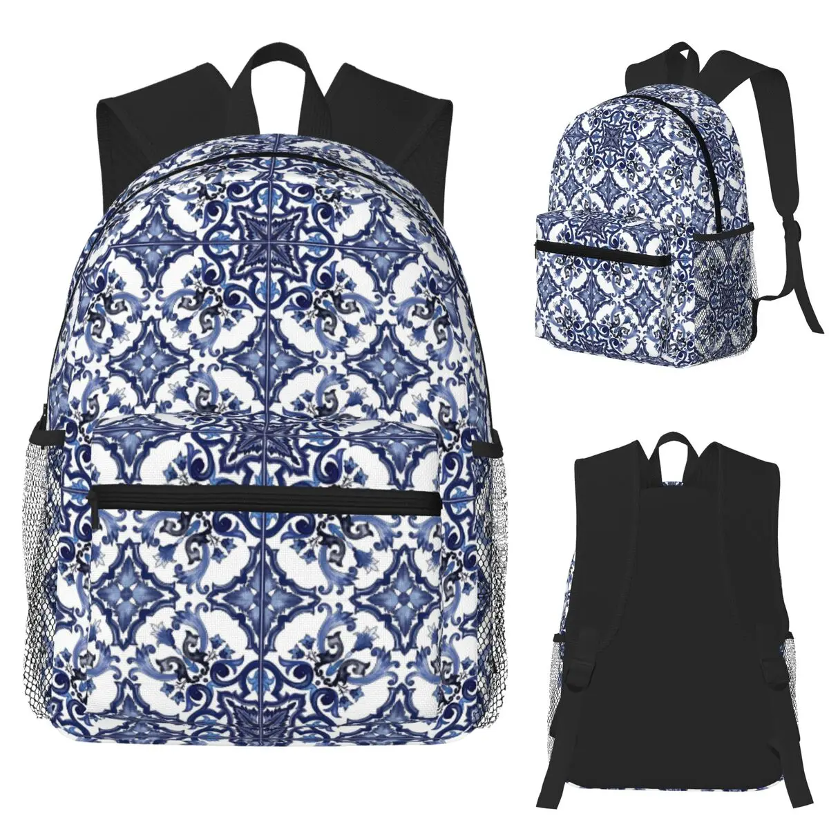 Blue Ornate Floral Mediterranean Sicilian Tile Student Backpack School Bag Hiking Travel Daypack Boy Girls Bookbag Shoulder Bags