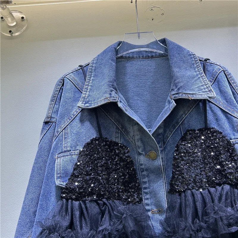 Sobre o tamanho lantejoulas denim jaquetas femininas 2025 primavera outono novos casacos jeans rendas costura suspender malha gaze denim jaqueta topos