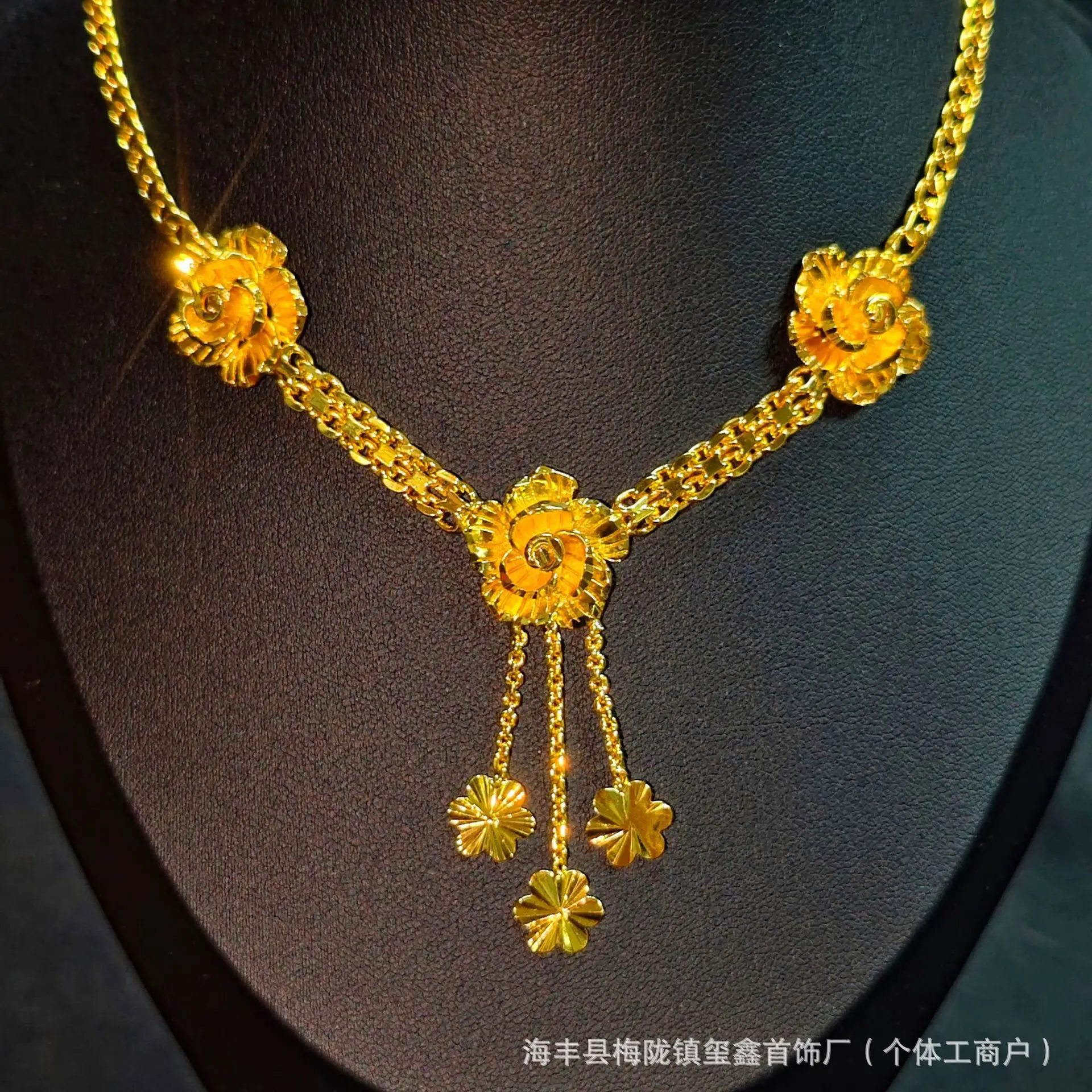 Luxury 24K 9999 Pure Gold real gold Rose Flower Tassel Necklace Women's Flower Earrings - view 3
