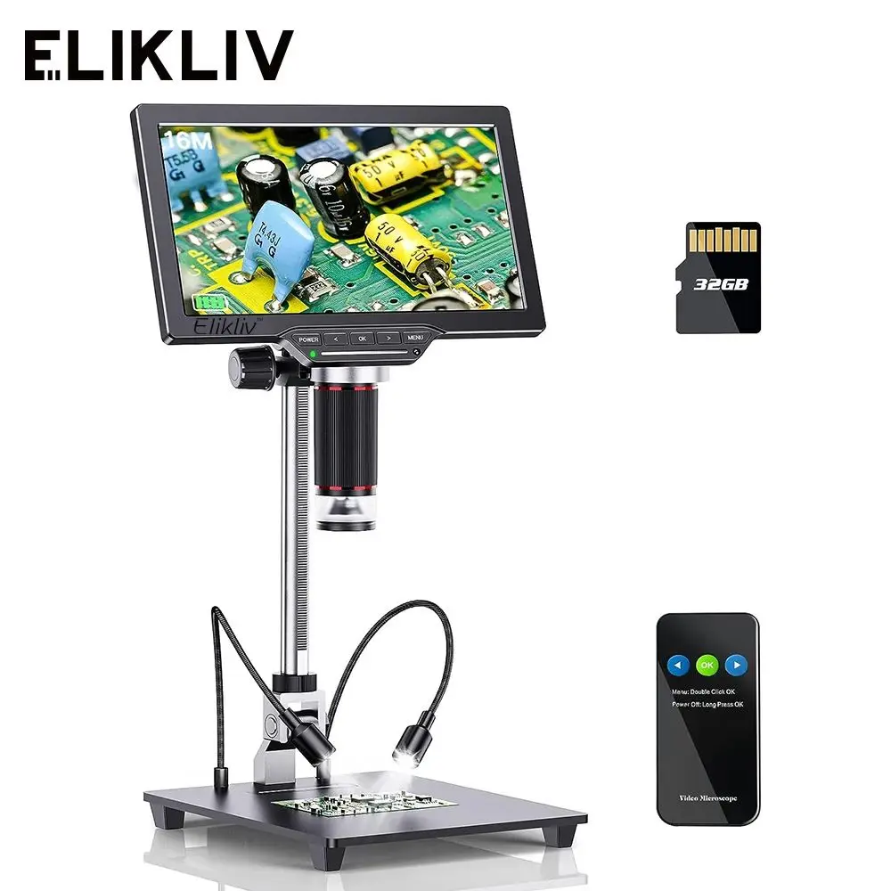 

Цифровой микроскоп Elikliv EDM201 Pro HDMI с 10-дюймовой подставкой, 7-дюймовый IPS дисплей 1300X, цифровой микроскоп для электроники, пайки