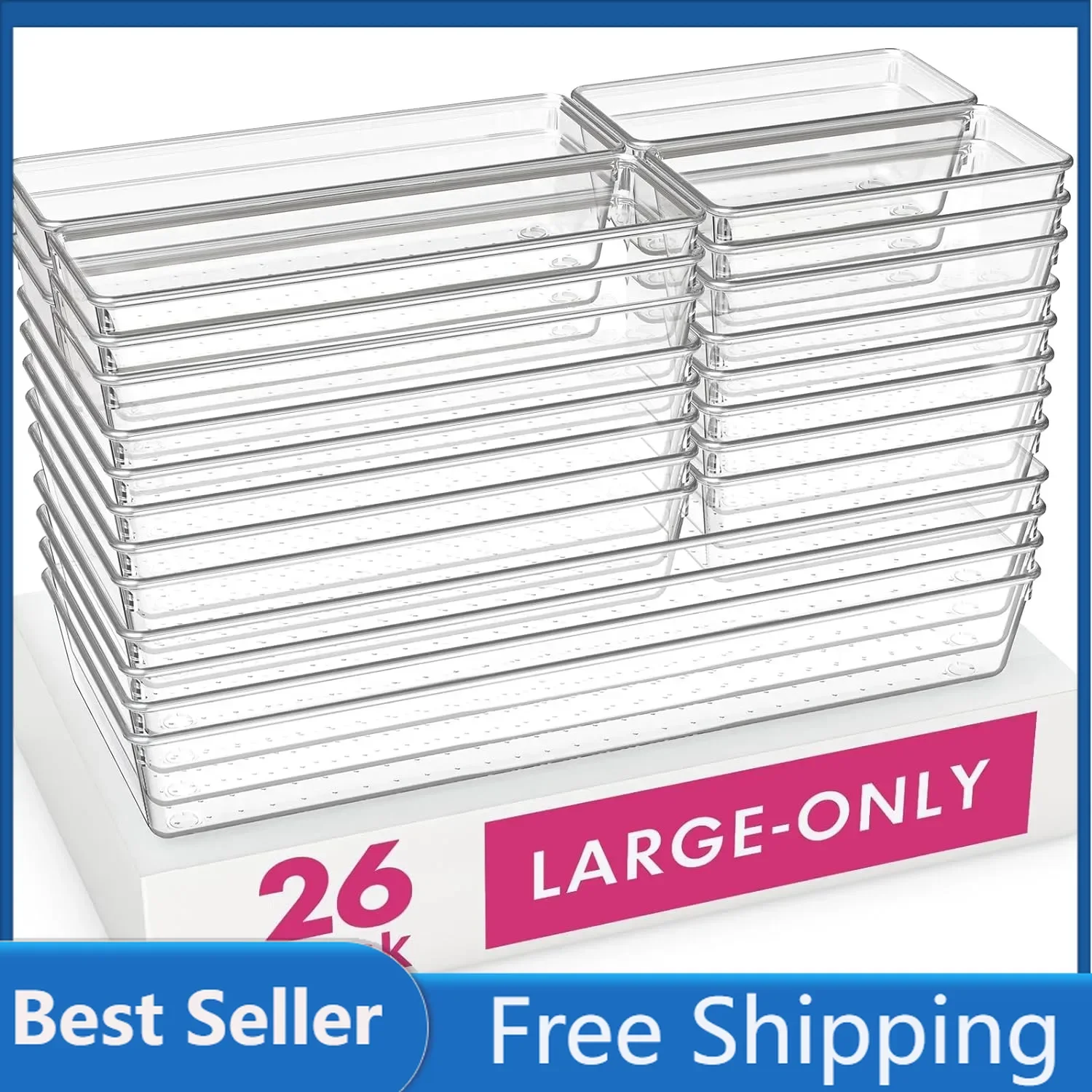 26 Pack Large Clear Plastic Drawer Organizer Trays Acrylic Kitchen Drawer Organization & Storage Dividers Non-Slip Storage Bins