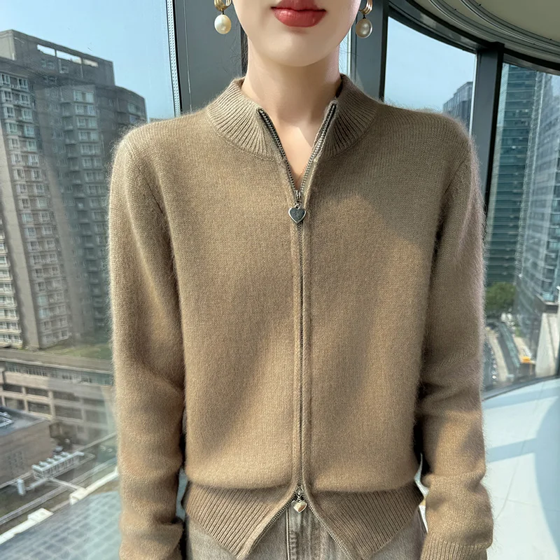 الخريف والشتاء المنك الكشمير سترة المرأة سستة أعلى الصوف محبوك سترة معطف