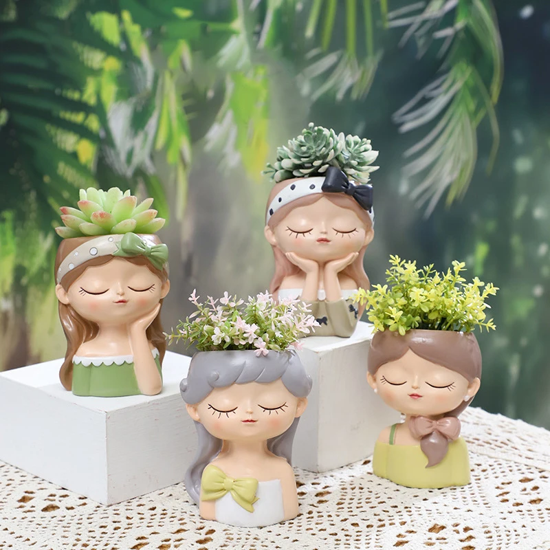 Cute Girl Small Plant Pot Resin Succulent Planter for Home Office Desk Mini Ornament Fairy Garden Flowerpot Decoration - view 6
