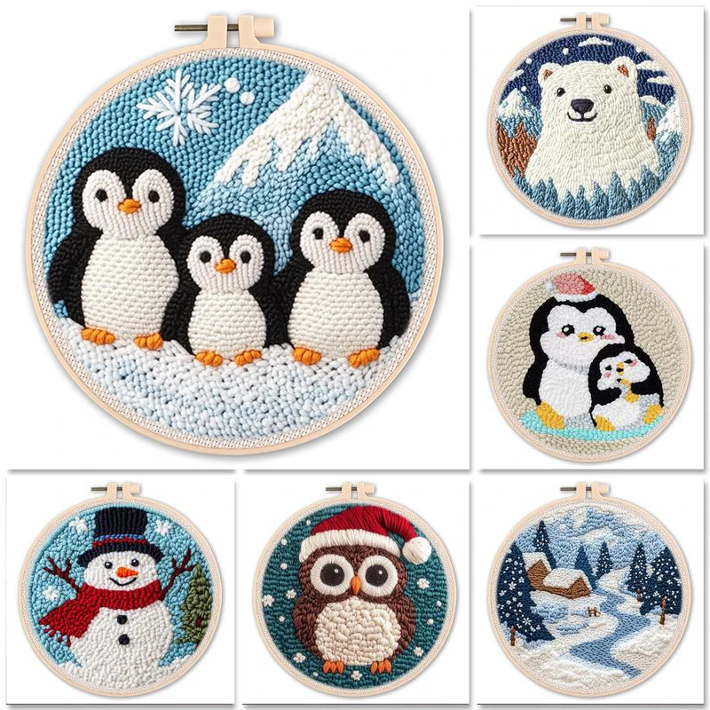 

DIY Punch Needle Embroidery Kit For Beginner Craft Punch Needle Set Rug for Starter Kits Penguin Pattern Tools For Knitting