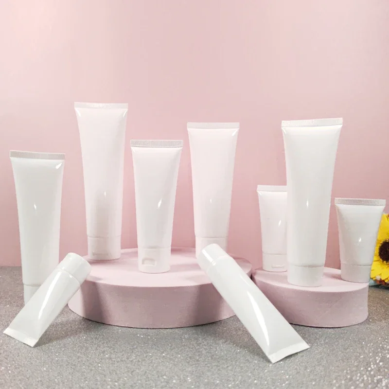 5Pcs 10ml-100ml White Plastic Cosmetic Soft Tubes Refillable Leakproof Makeup Travel Bottles With Lids Sample Storage Containers