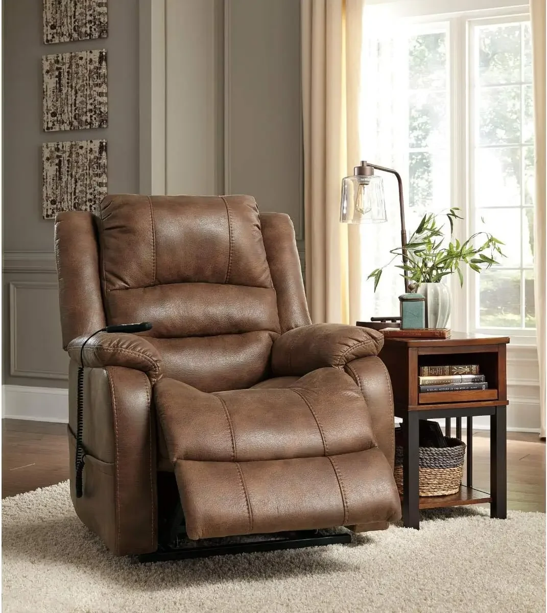 Signature Design by Ashley Yandel Faux Leather Electric Power Lift Recliner for Elderly, Brown