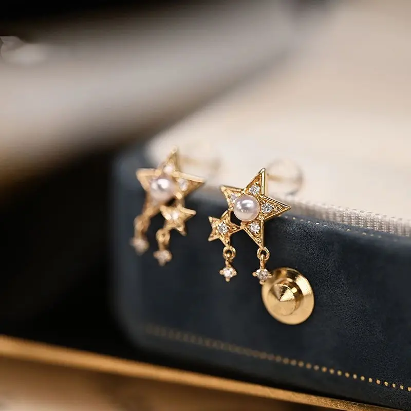 In 2024, the New Huatian Xingyao Zircon Five-pointed Star Earrings Were Designed by Female Ins Niche