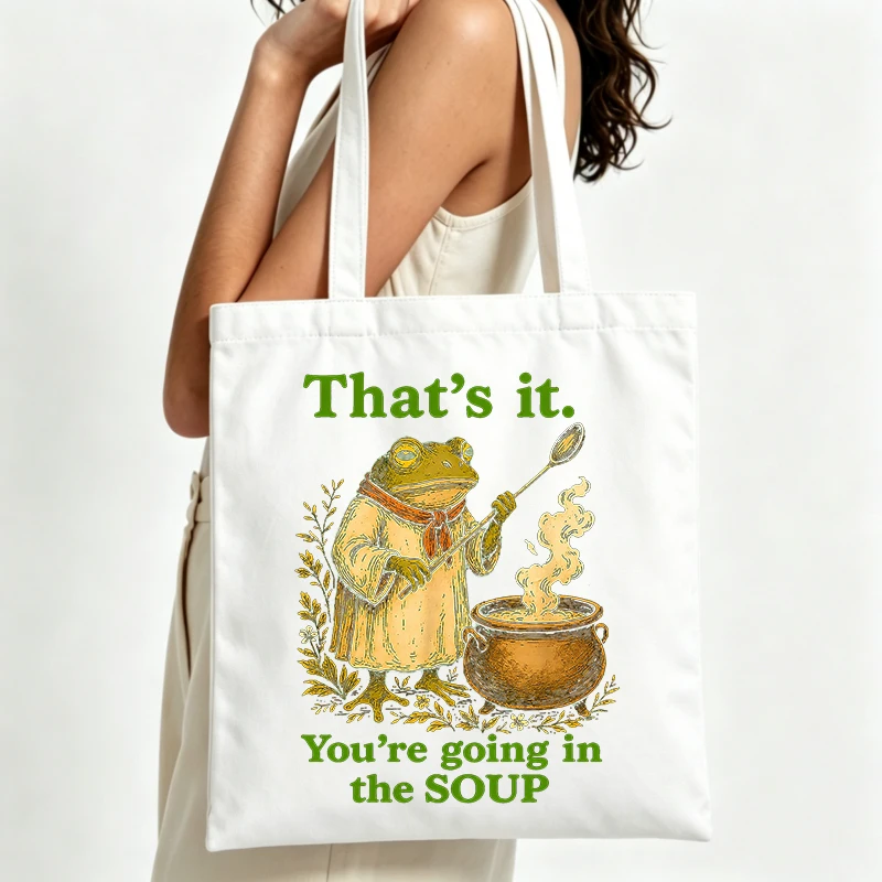 frog graphic canvas tote bag with letter print, casual style for daily shopping and casual outings
