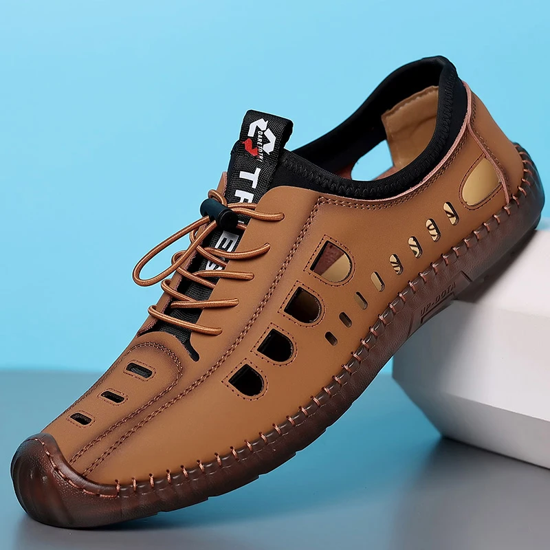 

Летняя мужская повседневная обувь из мягкой кожи 2024, мужские повседневные туфли с открытыми отверстиями на мягкой подошве и дышащие кожаные сандалии