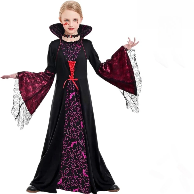 Mädchen Vampir-Königin Cosplay Langes Kleid Gotisches Kleid mit ausgestellten Ärmeln Kinder Halloween Karneval Rollenspiel Kostüm Outfit – Detail 6