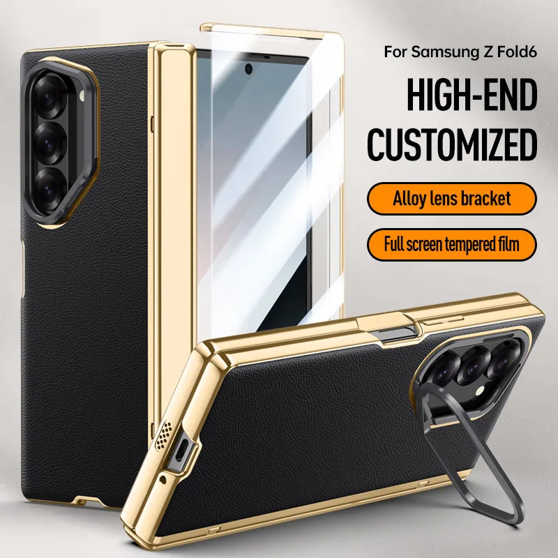 

Case For Samsung Galaxy Z Fold 6 Shockproof Magnetic PC Skin Feel Matte Folding Hinge Metal Lens Stand Cover With Tempered Glass