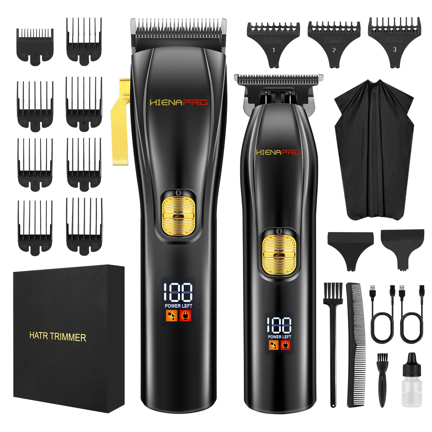 HIENA PRO Professional Hair Clipper and T Blade Trimmer Set Cordless USB Rechargeable LCD Digital Display Barber Hair Cutting Kit with Guide Combs Hair Cape for Men Home Salon Use