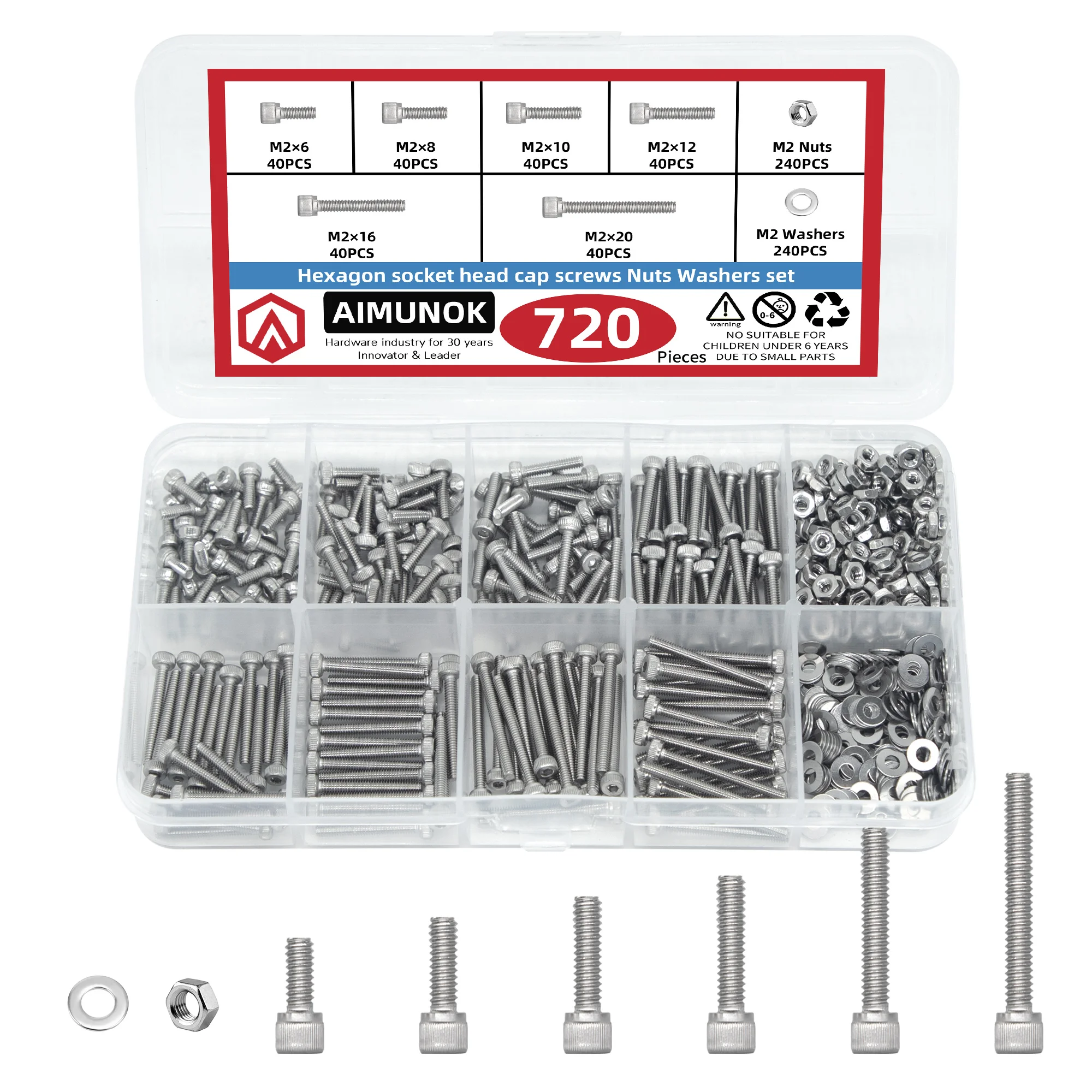 AIMUNOK 720pcs Hex Socket Bolts Kits (M2), 304 Stainless Steel Hexagon Socket Drive Screw, Silver Tone