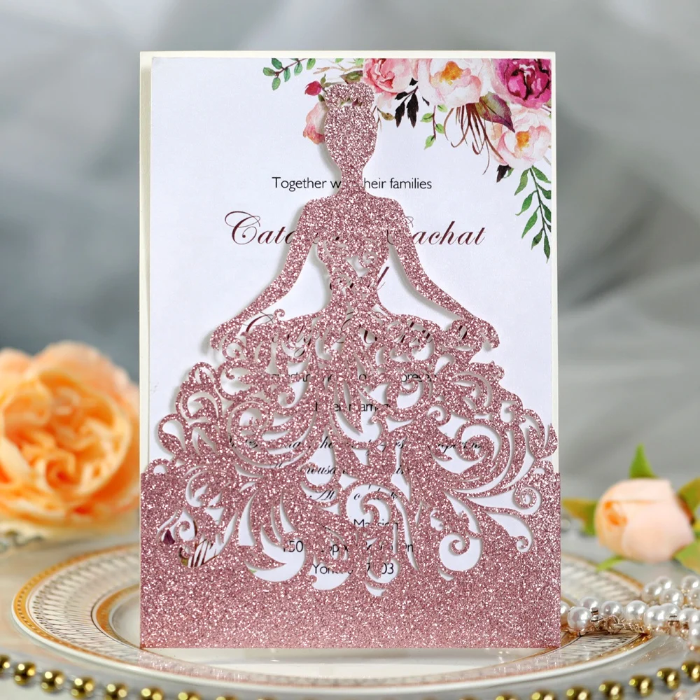 Custom Glitter Laser Cut Luxury Bride Wedding Invitations with Ribbon and Envelopes Greeting Card Set