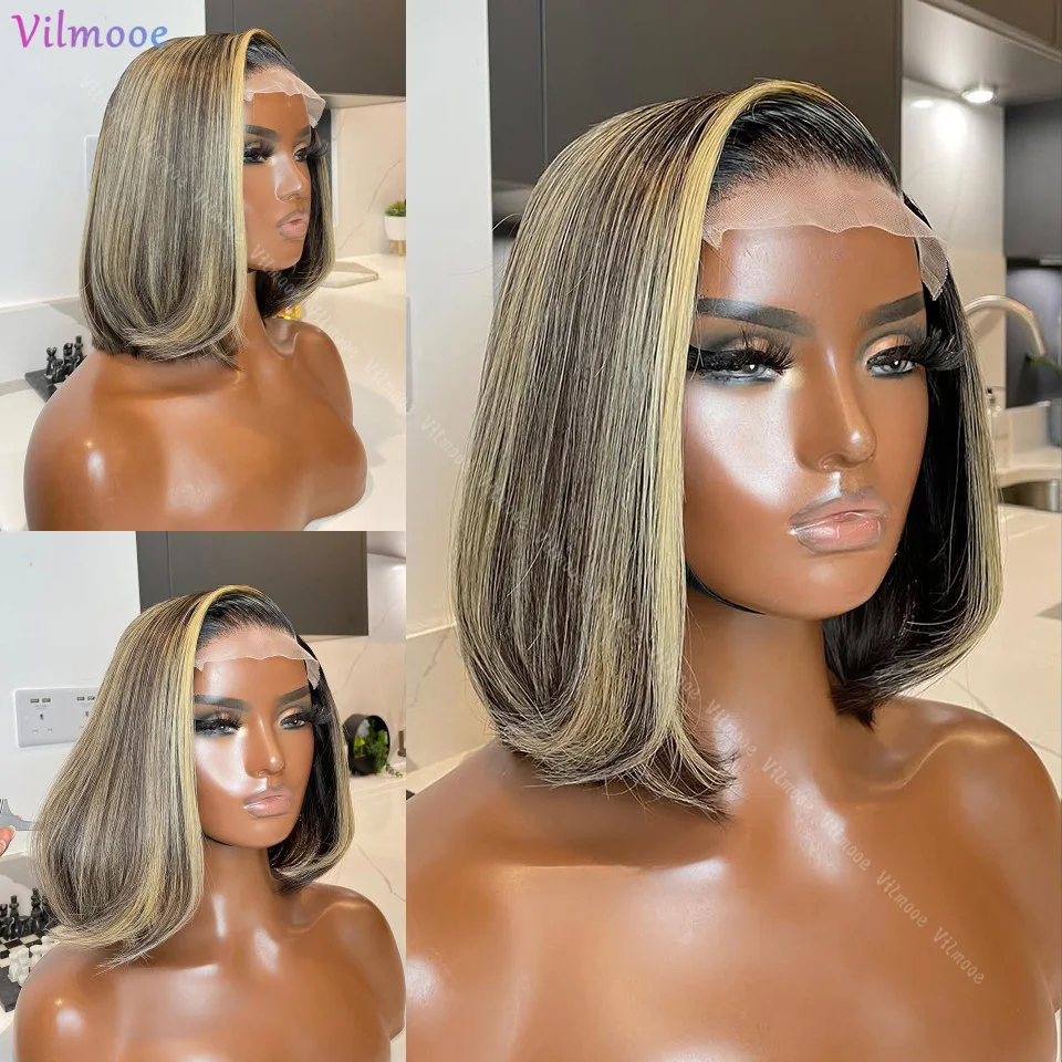 

Highlight Glueless Short Bob Human Hair Wigs Balayage Balayaga 13x4 Silk Top Lace Wigs Bleached Knots 5x5 Lace Closure Bob Wigs