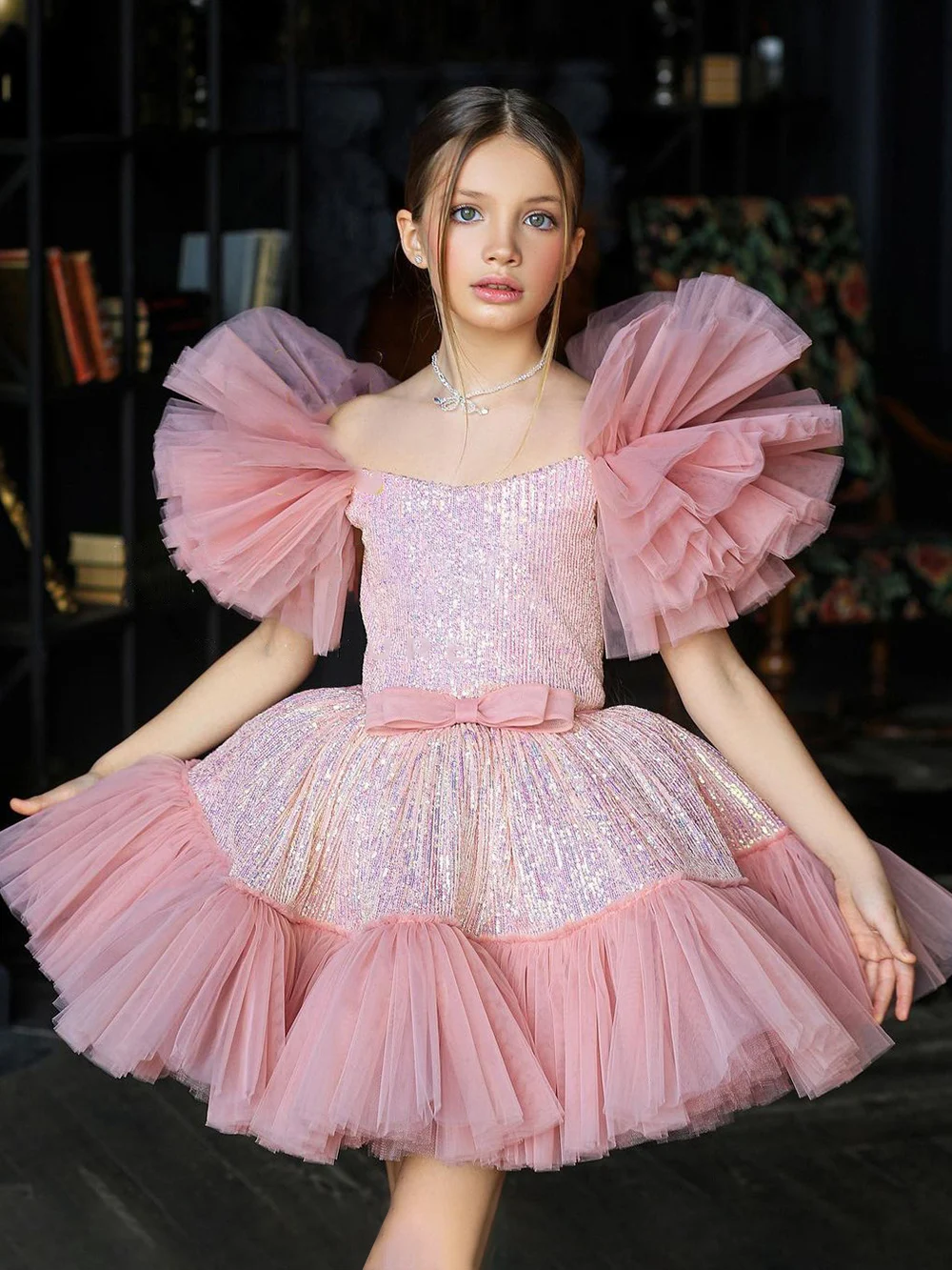 Robe bouffante à fleurs pour filles, en ivoire, à paillettes, en Tulle, pour fête d'anniversaire, pour enfants